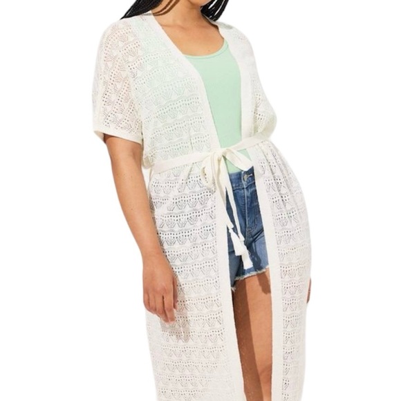 Torrid Women’s Plus Size Crochet Duster Short Sleeve Tie Waist Sweater - Picture 4 of 11
